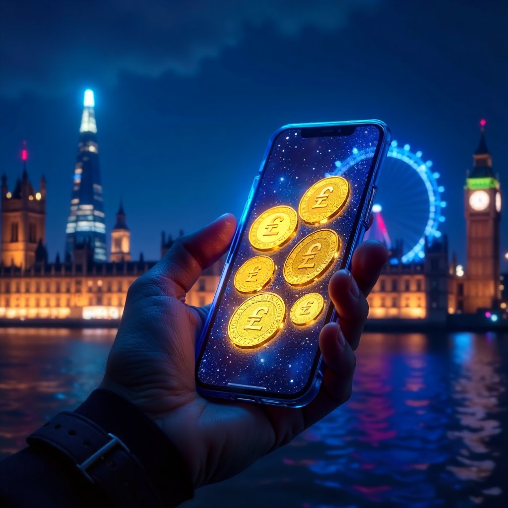 Futuristic hand holding a transparent glass smartphone displaying the True Fortune UK app, background is the London skyline with the Shard and Big Ben at night with glowing royal blue laser beams, 3D holographic gold British Pound (£) coins and sparkling 